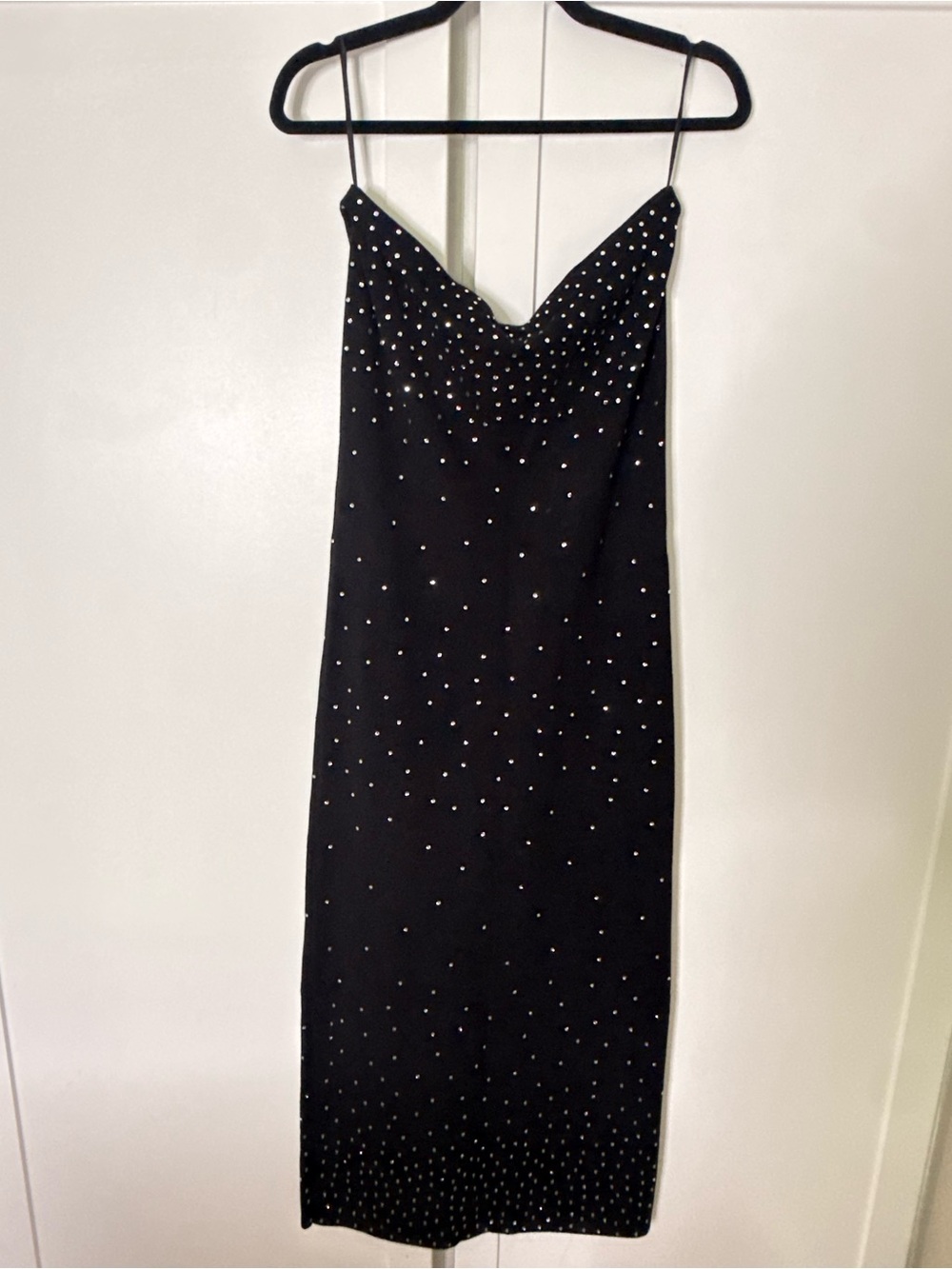 Black Spaghetti-Strap Midi Dress with Crystal Accents